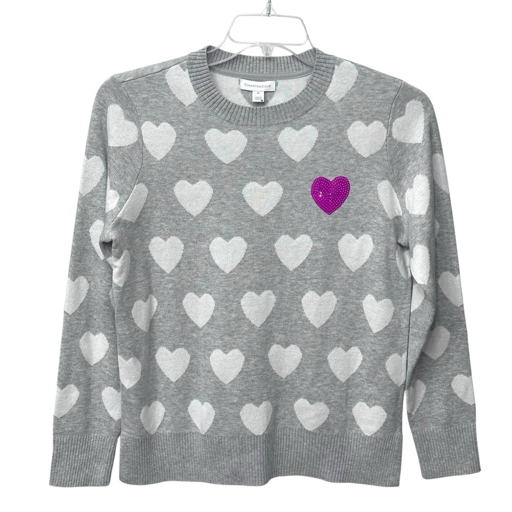 Charter Club Gray and White Heart Sweater Women's‎ Size Medium Valentines NWT